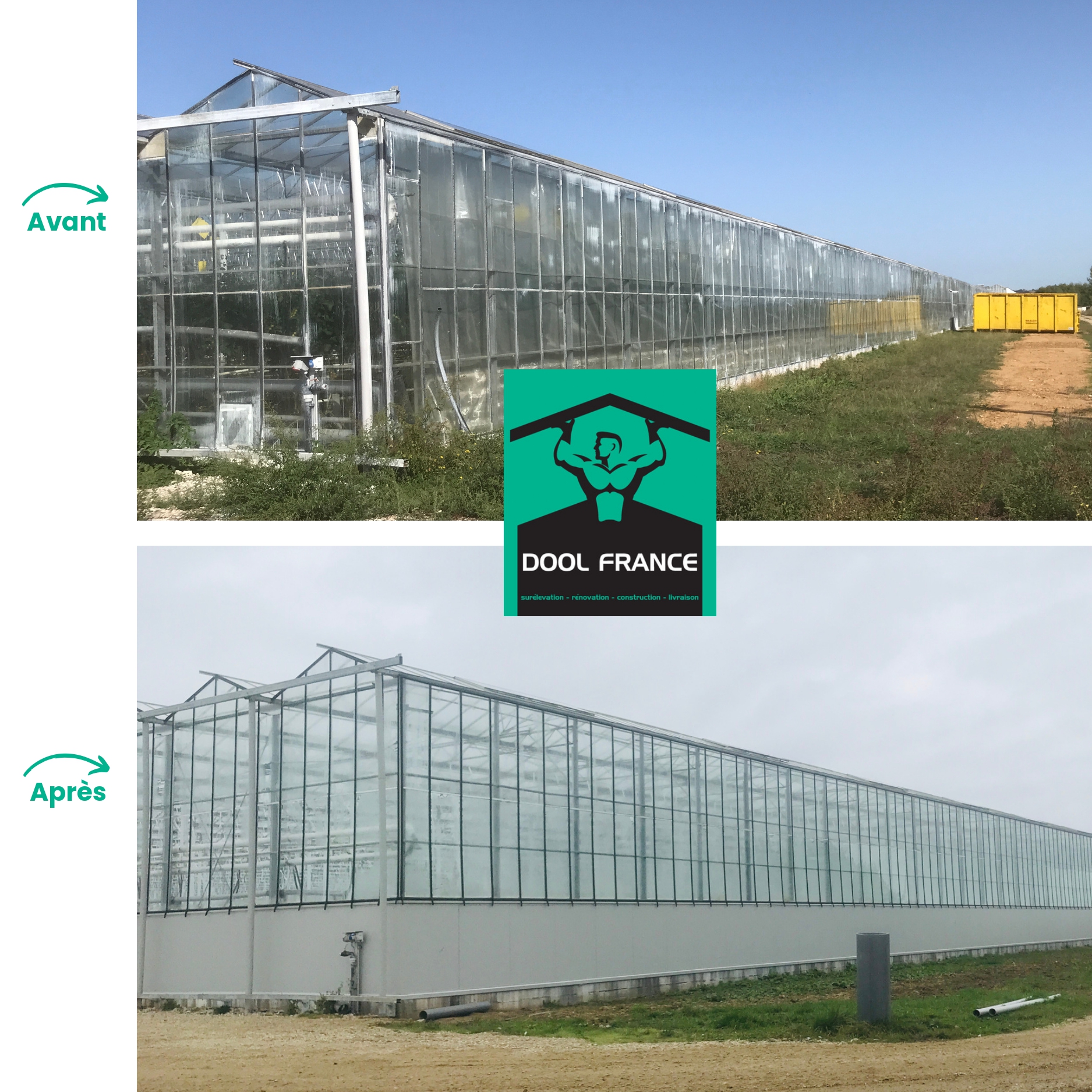 surélévation serre 40 000 m² ; photo avant/après